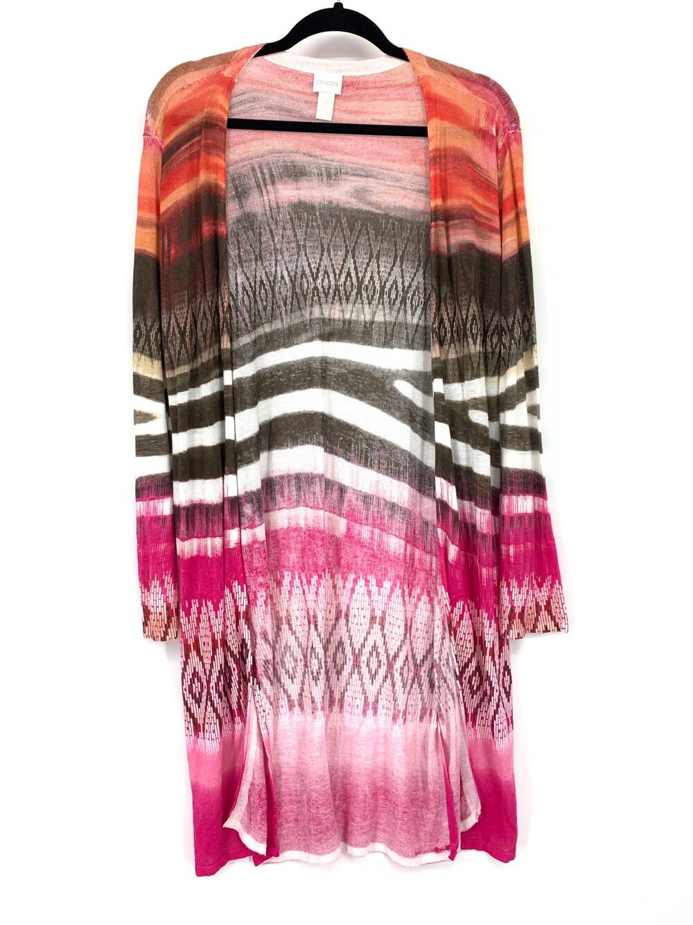 Chicos Open Front Cardigan Sweater Womens Size 2 US L Multicolor Patterned Knit